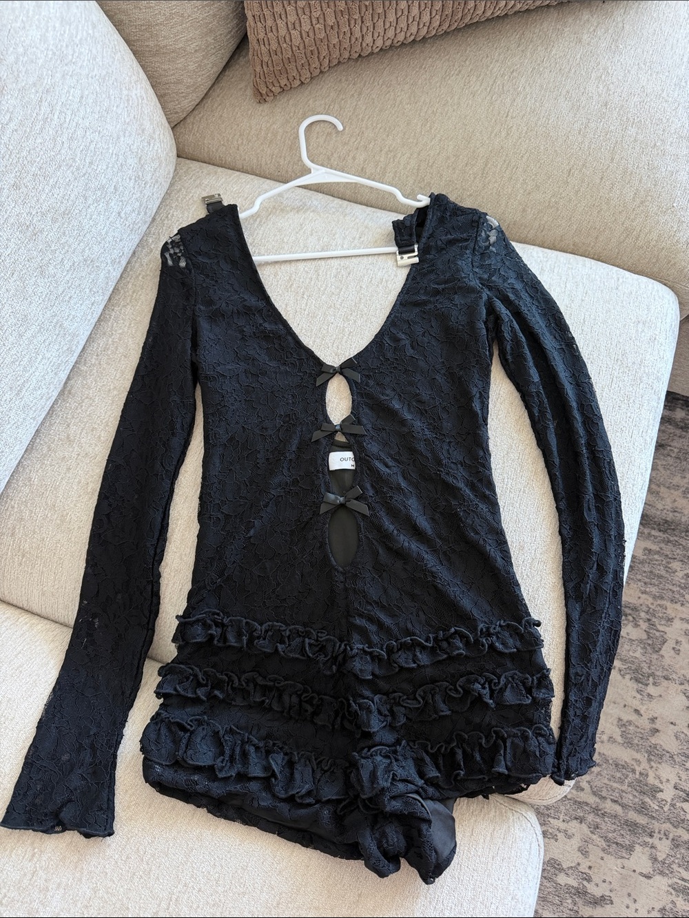Black Lace Long-Sleeve Ruffle Top with Front Cutouts